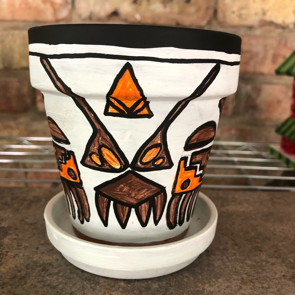 Southwest Bird Flower Terra Cotta Pot Handpainted 4” Planter